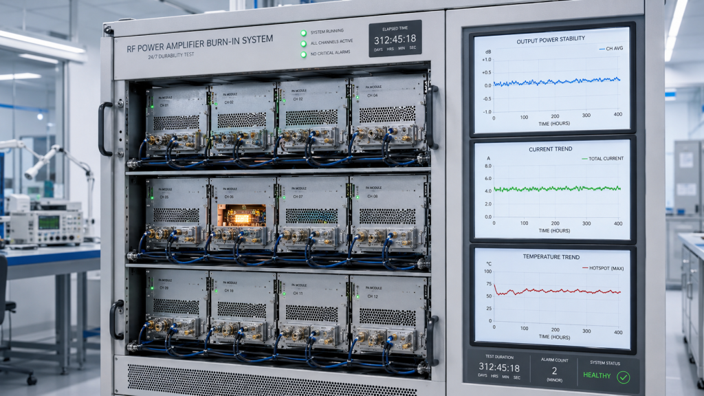 RF Power Amplifier burn-in exposing thermal drift, current behavior, and output stability over time