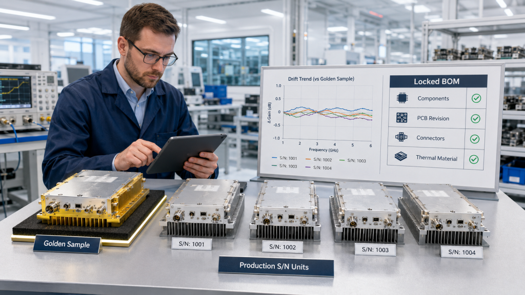 Golden Sample and Locked BOM comparison for RF Power Amplifier batch burn-in consistency