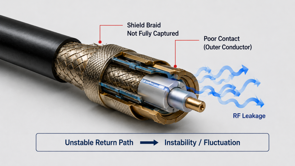 Poor RF connector shield contact affecting return path stability and causing RF leakage.