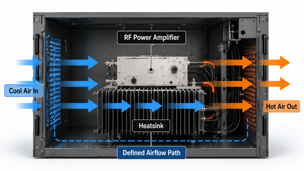 RF amplifier modules inside a cabinet with cold air entering, hot air exiting, airflow path through heatsink fins highlighted, illustrating cabinet airflow for cooling.