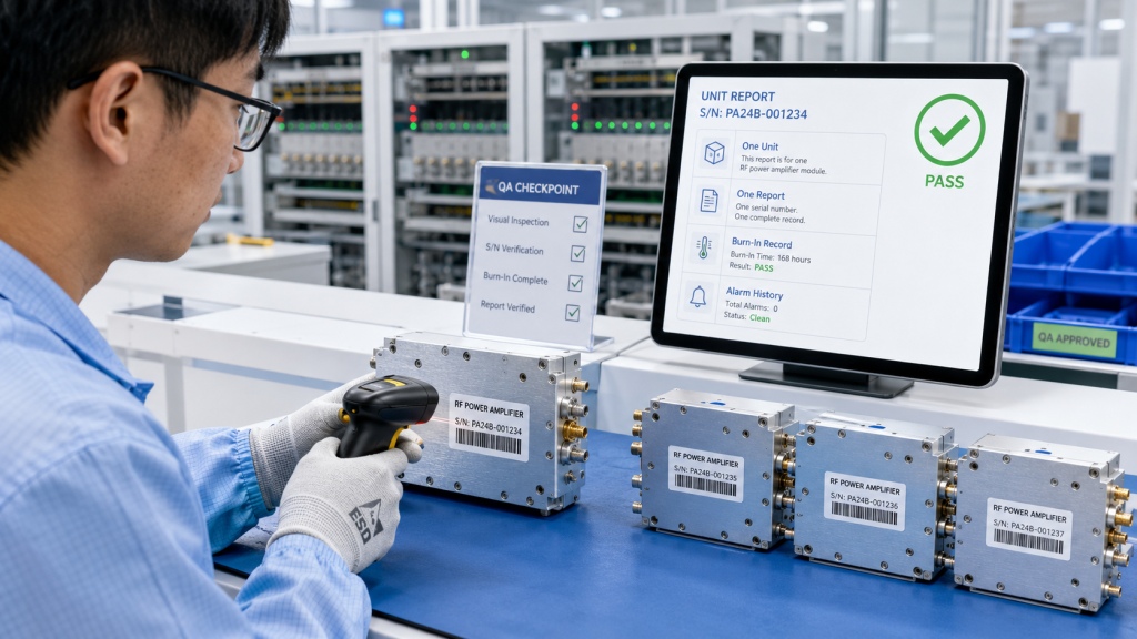 One S/N report per RF Power Amplifier module showing burn-in results, output data, and alarm history