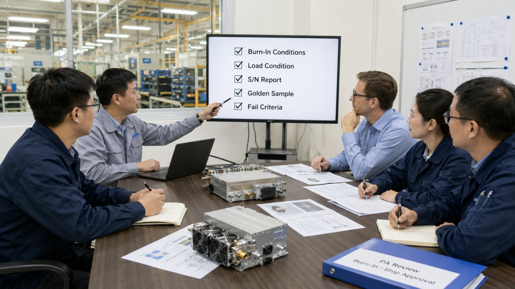 Buyers reviewing RF Power Amplifier burn-in conditions, S/N reports, load conditions, and fail criteria