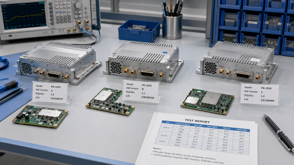 RF power amplifier hardware version traceability showing similar modules with different PCB revisions, S/N labels, and test report records.
