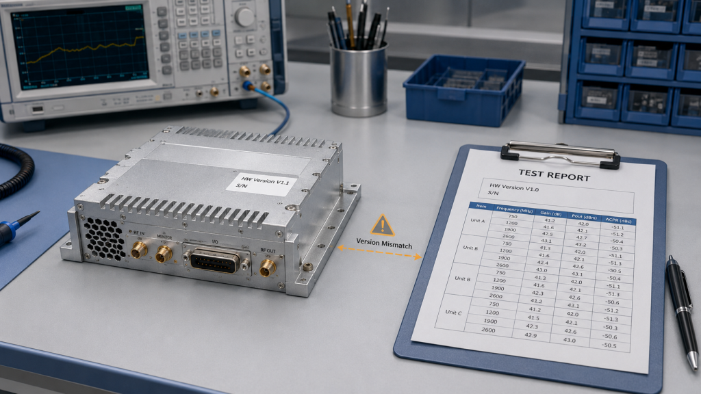RF power amplifier hardware version mismatch between a module label and test report, showing why report credibility depends on version control.