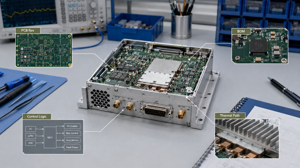 RF power amplifier hardware version risk caused by BOM, PCB, control logic, and thermal path changes inside the module.