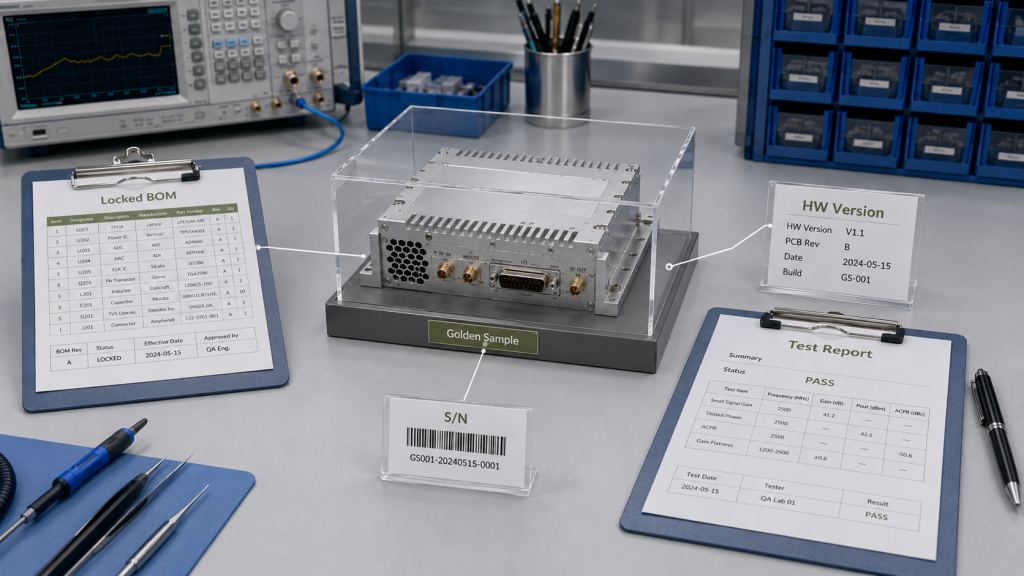 RF power amplifier hardware version records connected with Locked BOM, Golden Sample, S/N, and test report for production traceability.