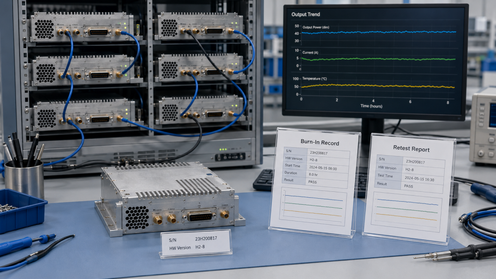 RF power amplifier hardware version linked to burn-in record, S/N, output trend, and retest report for reliable after-sales review.
