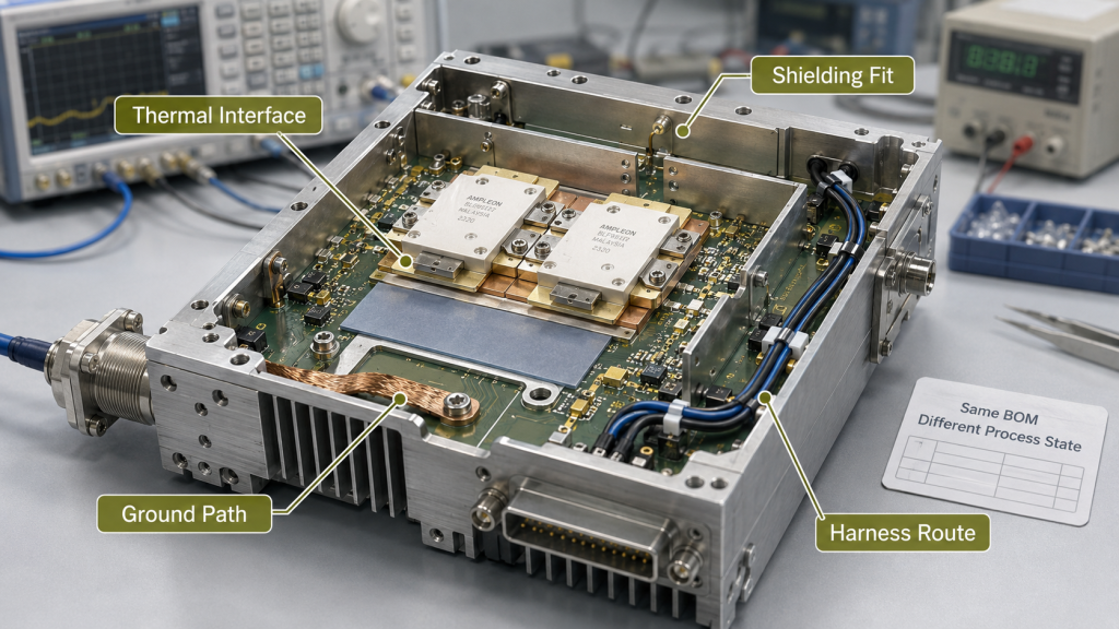 RF Power Amplifier process change affecting thermal interface, shielding fit, grounding path, harness route, and connector stress.