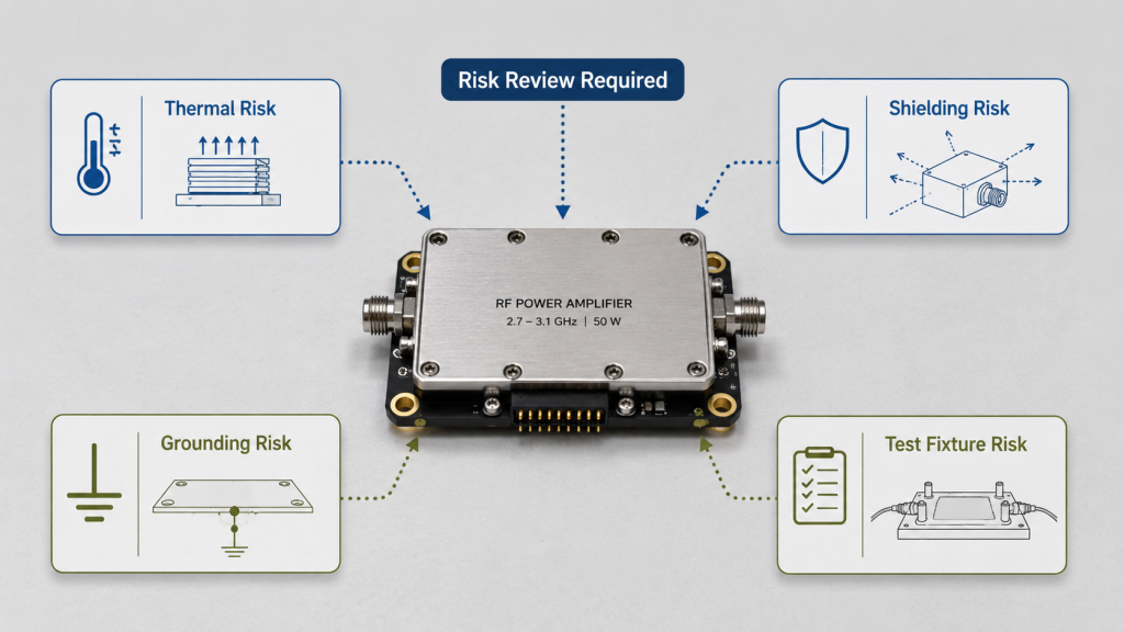 RF Power Amplifier process change risk review showing thermal, shielding, grounding, harness, and test fixture impact paths.