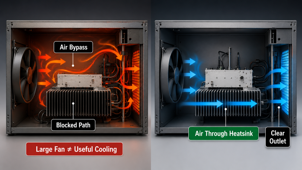 Side-by-side comparison of RF cabinet airflow: left large fan blocked, right smaller fan directing airflow through heatsink fins, showing that fan size alone does not determine cooling.