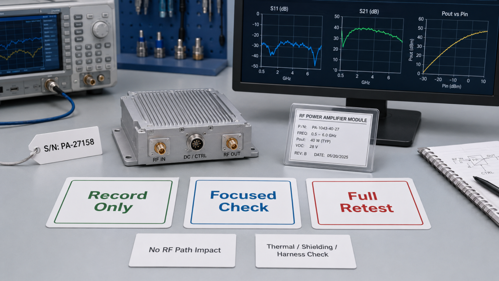 RF Power Amplifier process change checklist showing record only, focused check, and full retest decision levels.