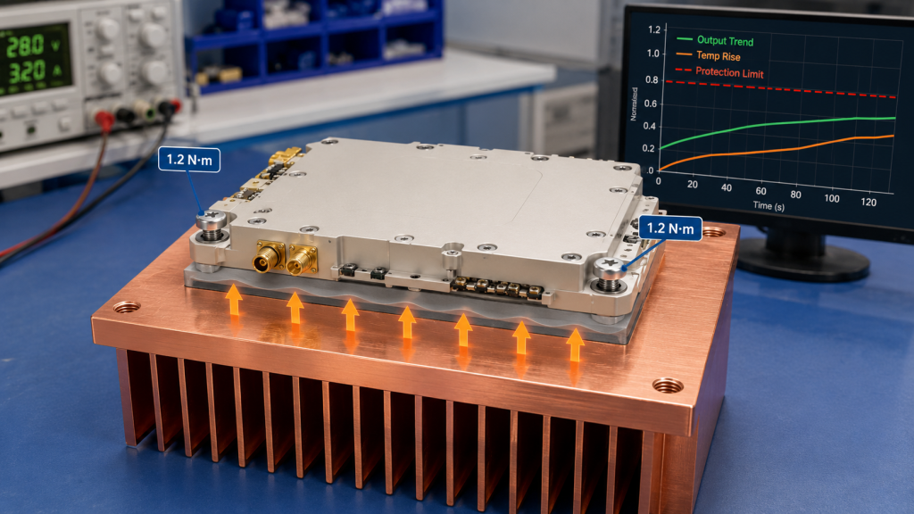 Thermal process change in an RF Power Amplifier showing heatsink contact pressure, torque points, and hot-state heat transfer.
