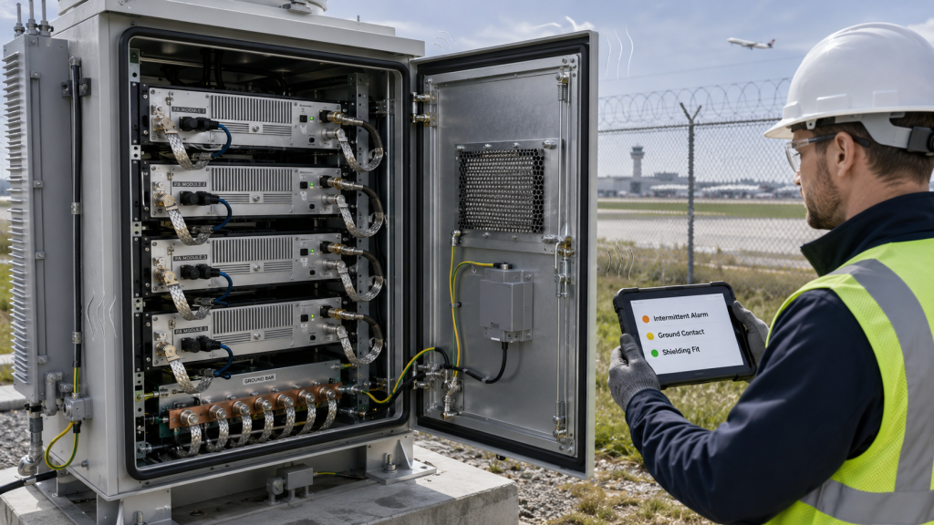 Outdoor RF Power Amplifier cabinet showing shielding and grounding process risks during field deployment.