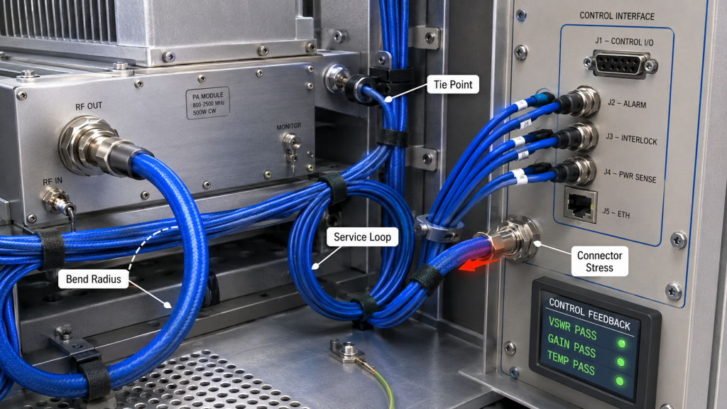 RF Power Amplifier harness and connector layout showing bend radius, tie points, service loop, and control feedback risks.