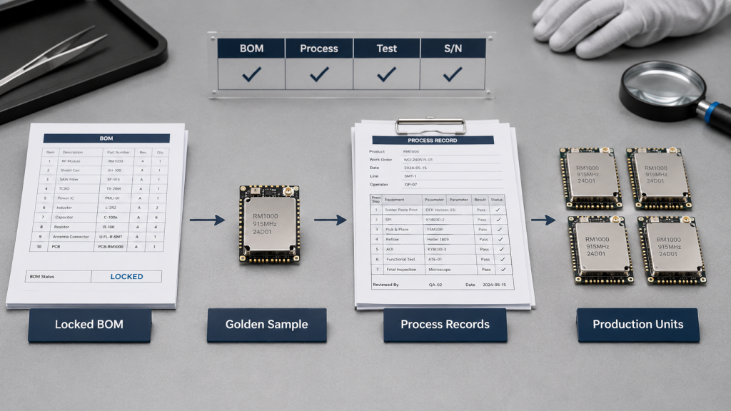 RF Power Amplifier production review comparing Locked BOM, Golden Sample, process control documents, and production units.