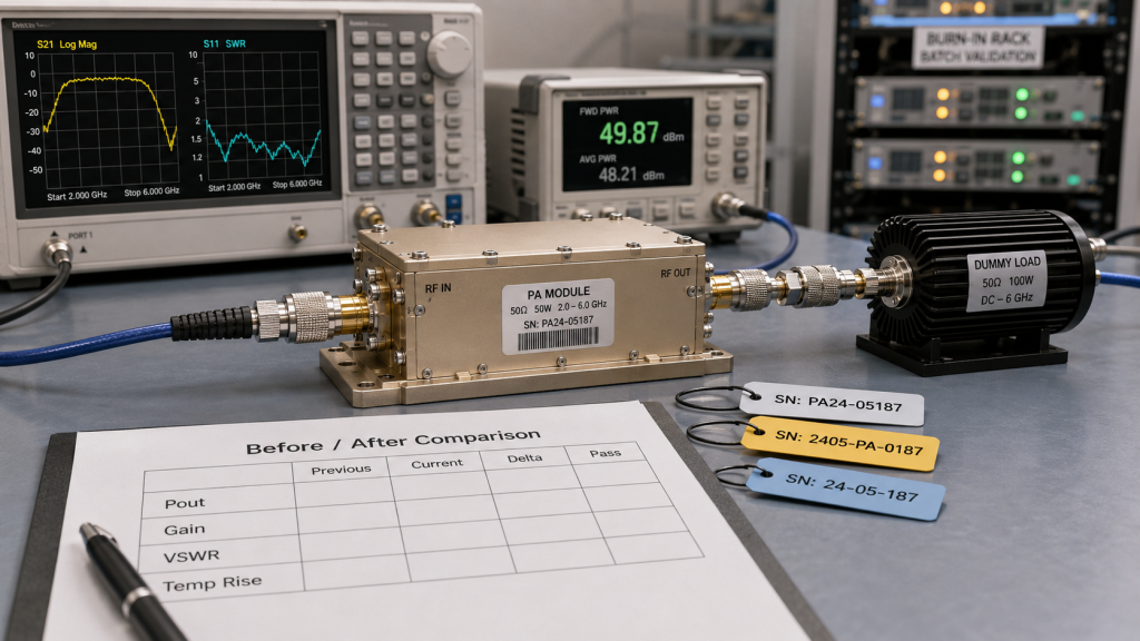 RF Power Amplifier retesting setup with S/N traceability, dummy load, power meter, and test report comparison.