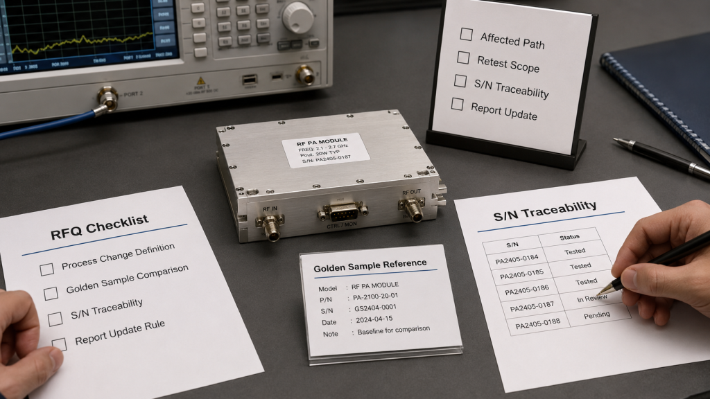RFQ review for RF Power Amplifier process change control, including affected paths, retest scope, S/N traceability, and shipment reports.