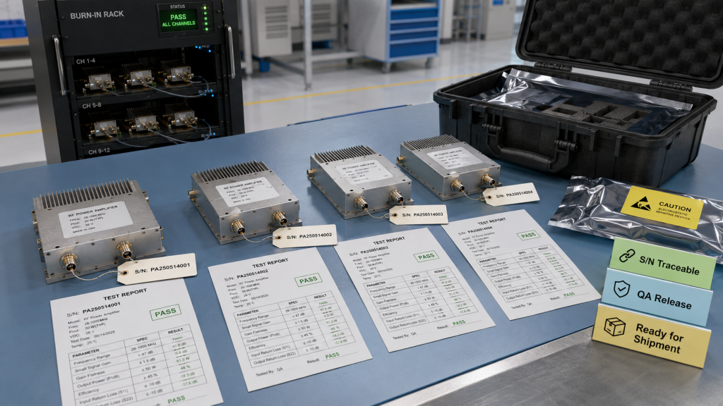 RF Power Amplifier shipment release showing burn-in rack, S/N traceable modules, test reports, process records, and QA approval.