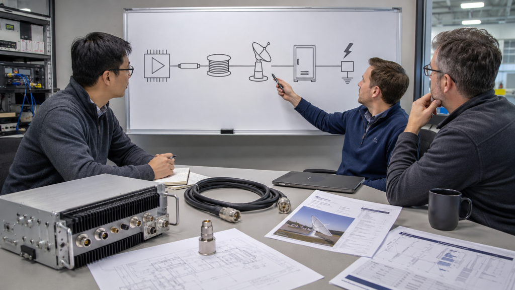 Engineers reviewing antenna load as a design requirement for RF Power Amplifier system integration