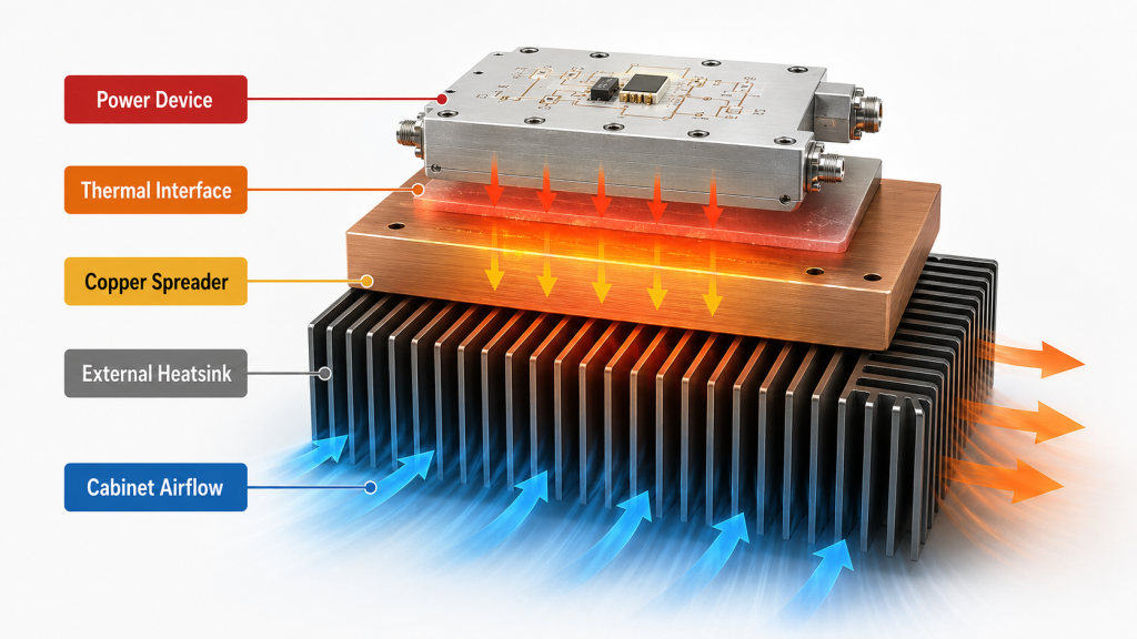RF amplifier module mounted on external heatsink, airflow arrows passing through fins, thermal camera monitor in background, showing how airflow removes heat after heatsink.