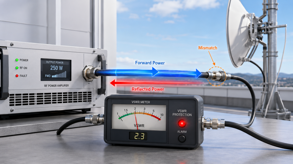 RF Power Amplifier load mismatch showing forward power, reflected power, and VSWR protection behavior