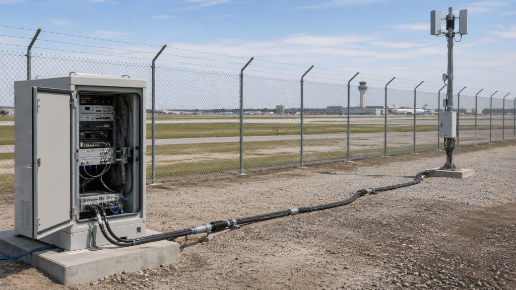 C-UAS deployment with RF Power Amplifier, outdoor cabinet, long feeder cable, and remote antenna load