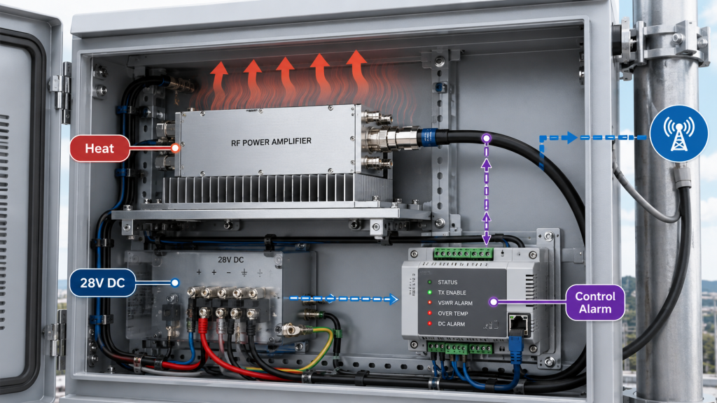 RF Power Amplifier antenna load affecting heat, 28V DC supply, controller alarms, and system stability