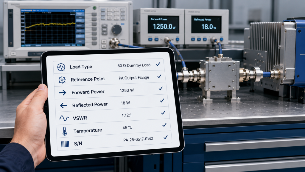 RF Power Amplifier test evidence recording load type, reference point, reflected power, VSWR, and temperature