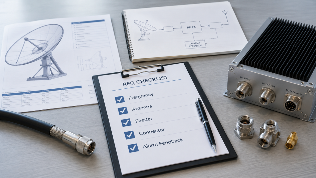 RF Power Amplifier RFQ checklist with antenna data, feeder length, connectors, cooling, and alarm feedback