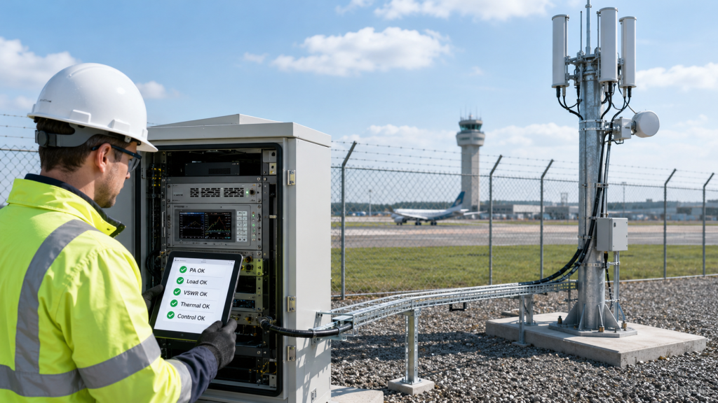 RF Power Amplifier and antenna load final validation with VSWR, forward power, cooling, supply, and controller checks