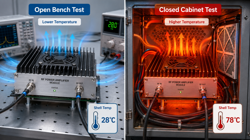 Split scene showing open bench test vs closed RF cabinet test, temperature probes visible, demonstrating how cabinet resistance can mislead bench test results.