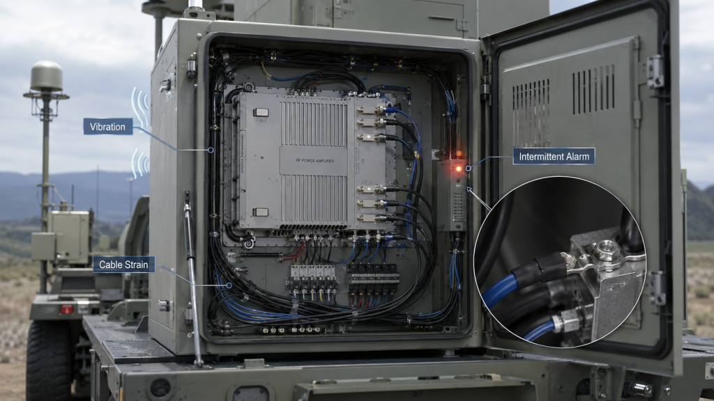 Vehicle-mounted RF Power Amplifier cabinet showing vibration, cable strain, and intermittent alarm risk from weak harness crimping.