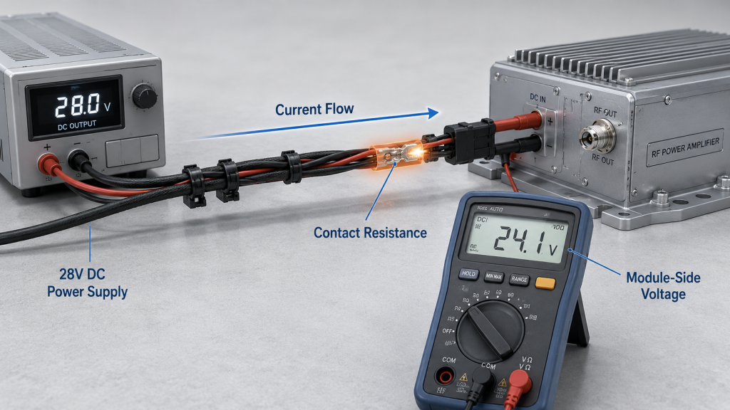 RF Power Amplifier Harness Crimping example showing contact resistance, local heating, current flow, and module-side voltage drop.