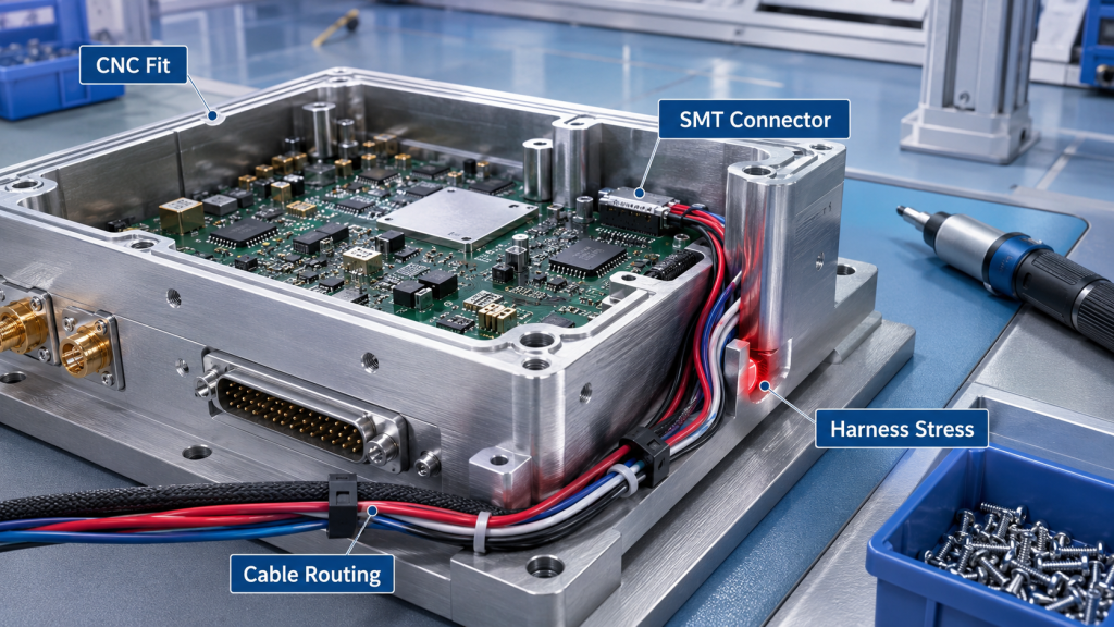Open RF Power Amplifier module showing CNC fit, SMT connector position, cable routing, and harness stress during assembly.