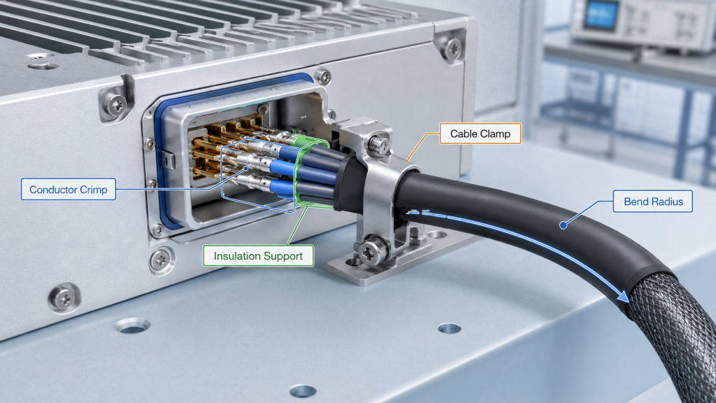 RF Power Amplifier harness connector showing conductor crimp, insulation support, cable clamp, and bend radius for strain relief.