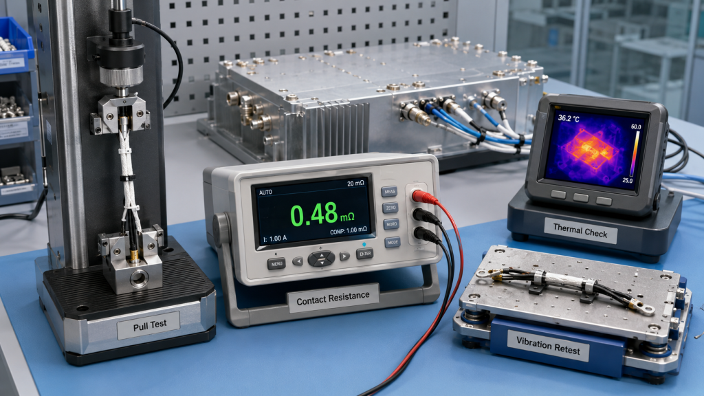 Test bench for RF Power Amplifier Harness Crimping with pull test, contact resistance check, thermal check, and vibration retest.
