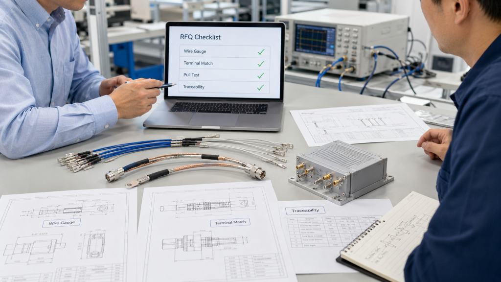 RFQ checklist review for RF Power Amplifier Harness Crimping covering wire gauge, terminal match, pull test, and traceability.