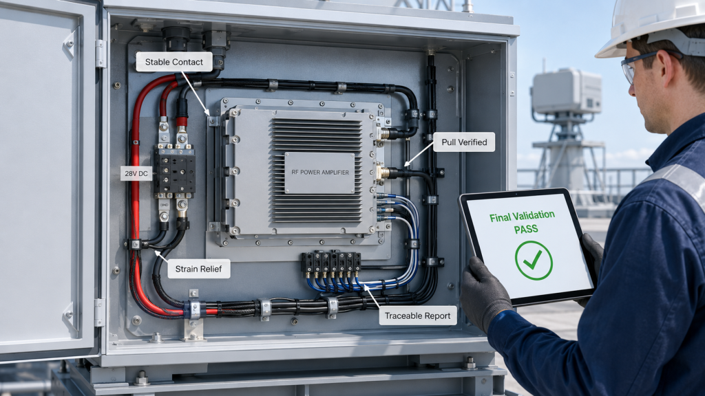 Final validation of RF Power Amplifier Harness Crimping showing stable contact, pull verification, strain relief, and traceable report.