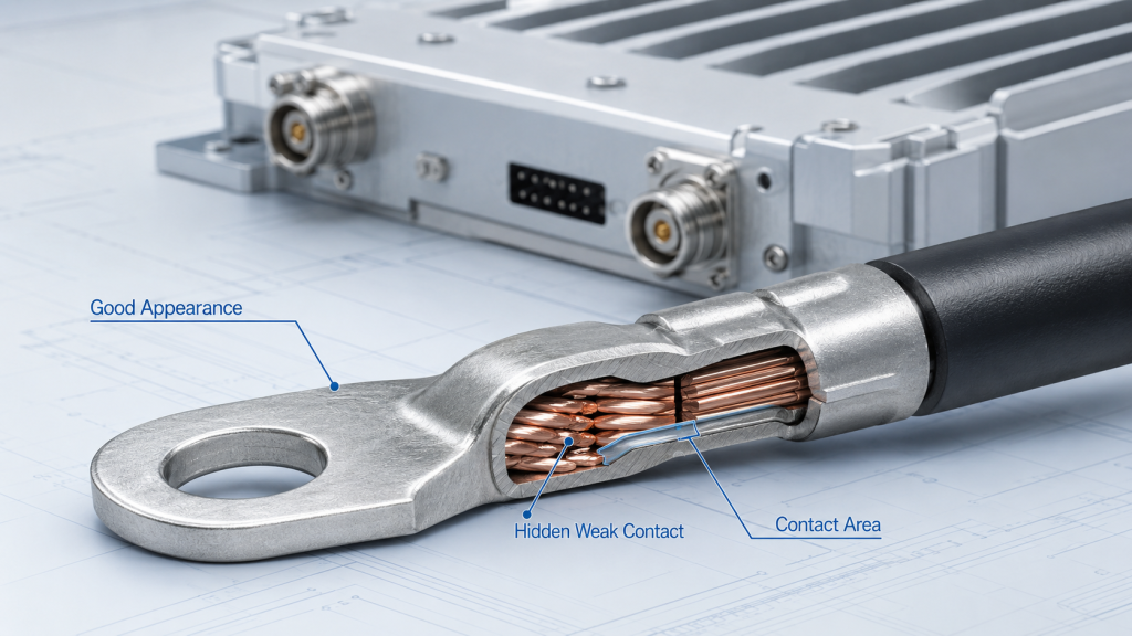 Cross-section view of RF Power Amplifier Harness Crimping showing good appearance, hidden weak contact, and contact area.