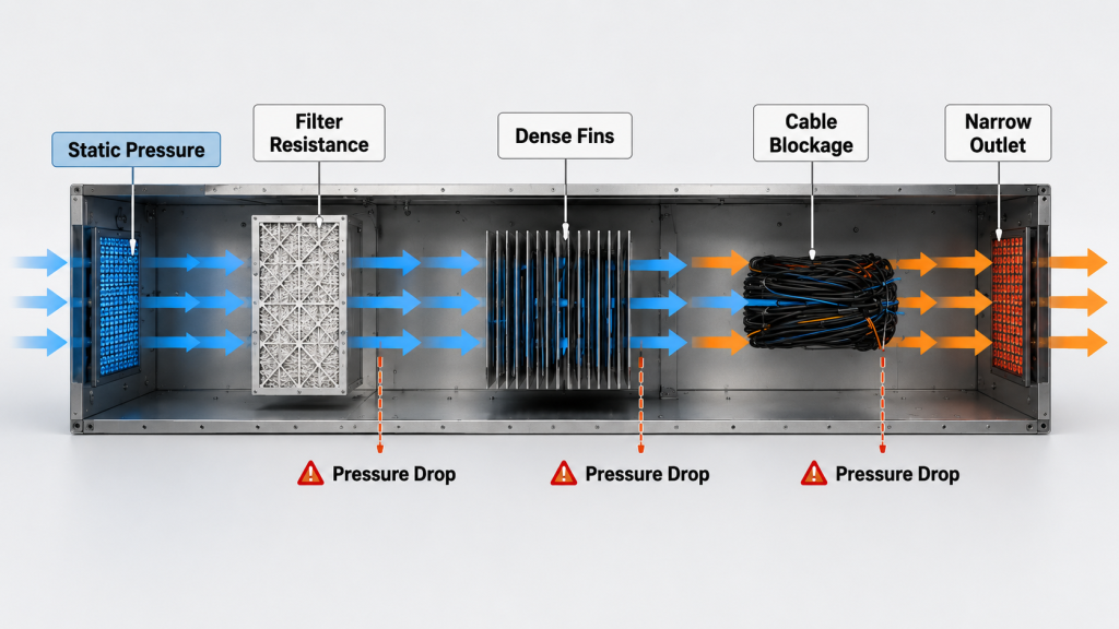 RF cabinet airflow test setup with pressure gauge, dense heatsink fins, filter panel, and fan, illustrating importance of static pressure in effective cabinet cooling.