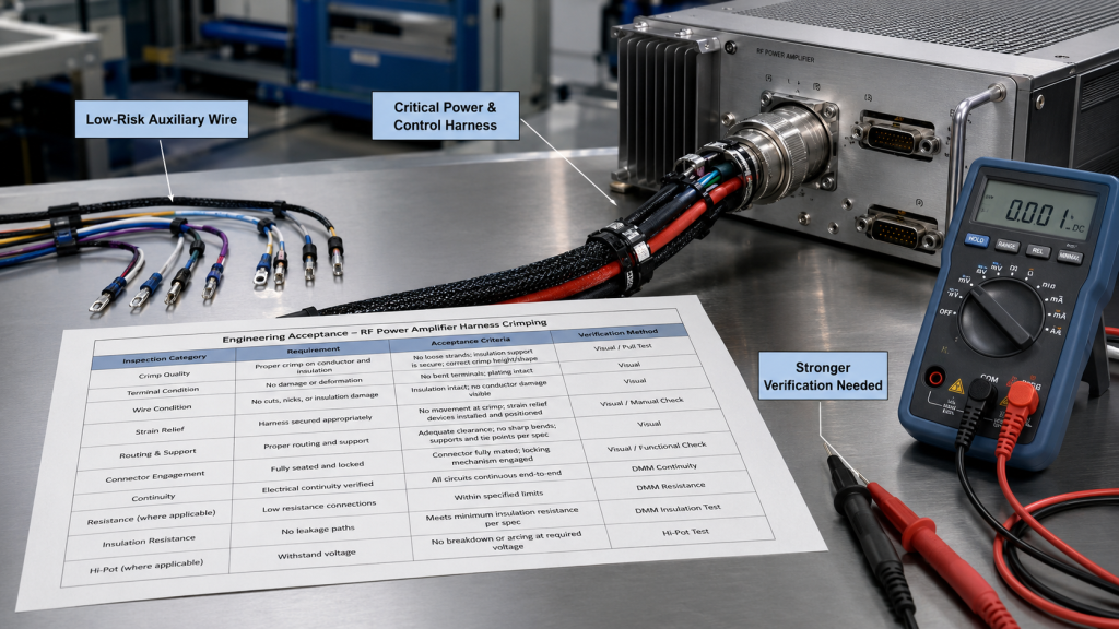Comparison of low-risk auxiliary wires and critical power control harnesses for RF Power Amplifier Harness Crimping verification.