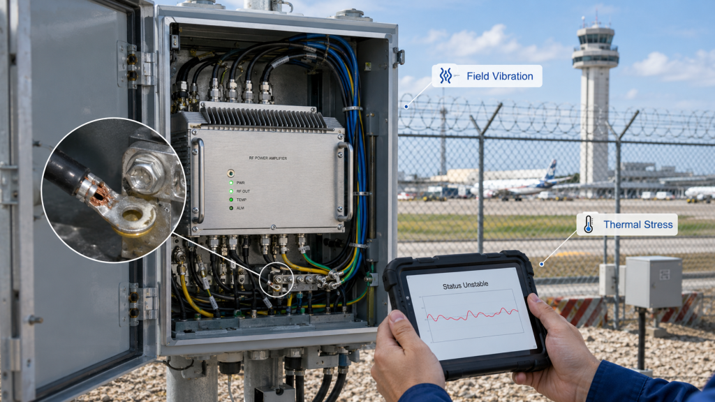 Airport counter-UAS cabinet showing how real field vibration and thermal stress reveal weak RF Power Amplifier Harness Crimping.