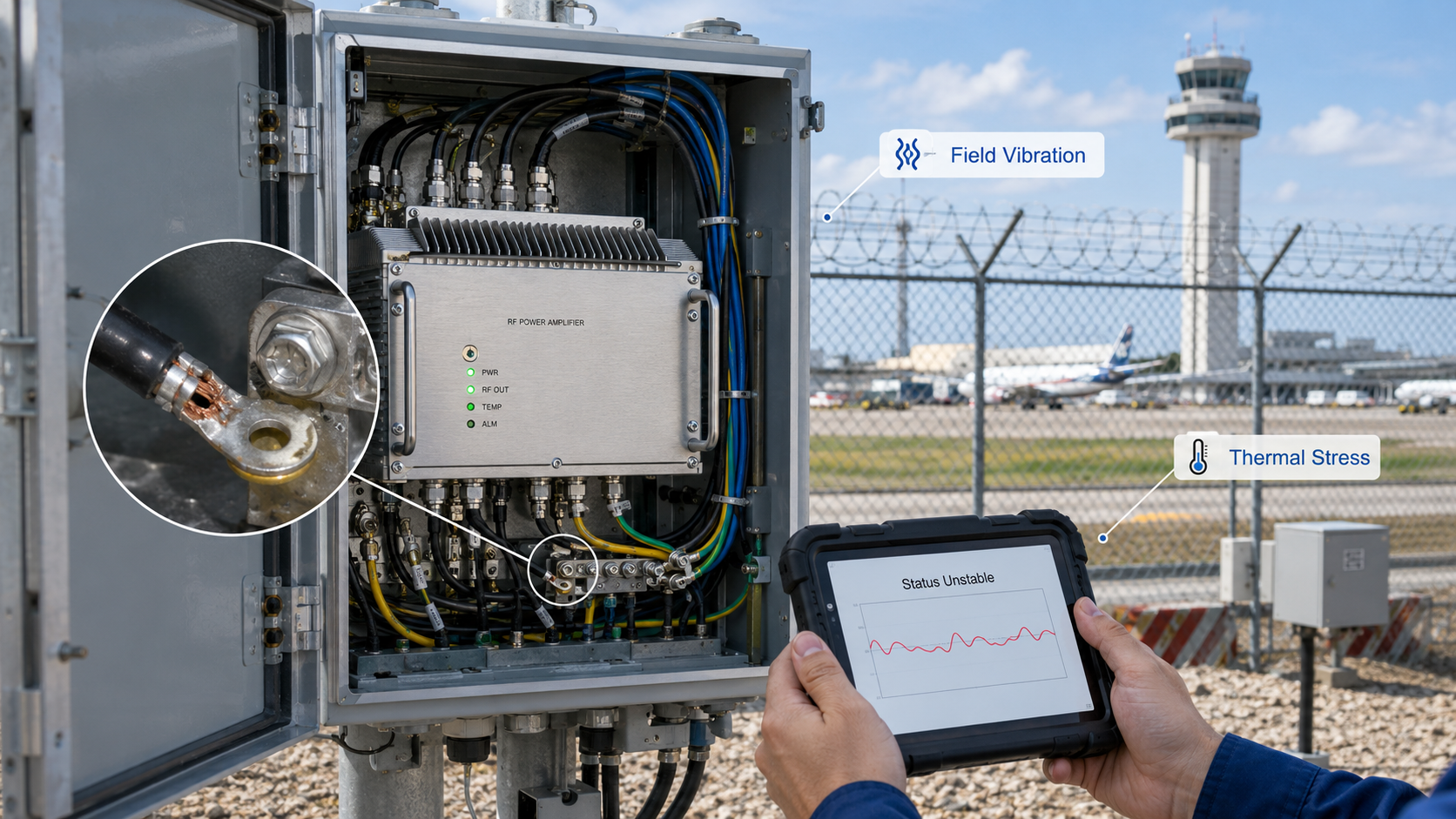 RF Power Amplifier Harness Crimping reliability review showing stable power, ground, control feedback, and field-ready wire harness validation.