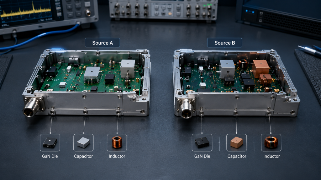 Same RF Power Amplifier model with different supplier sources causing different internal component behavior