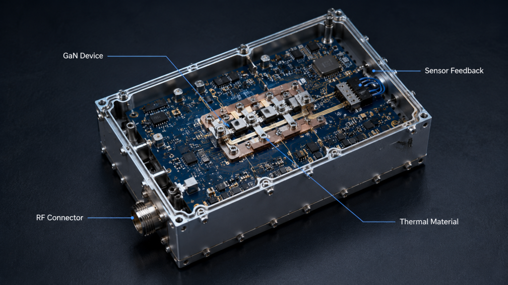 Key material changes affecting RF Power Amplifier output, thermal behavior, current, and protection feedback