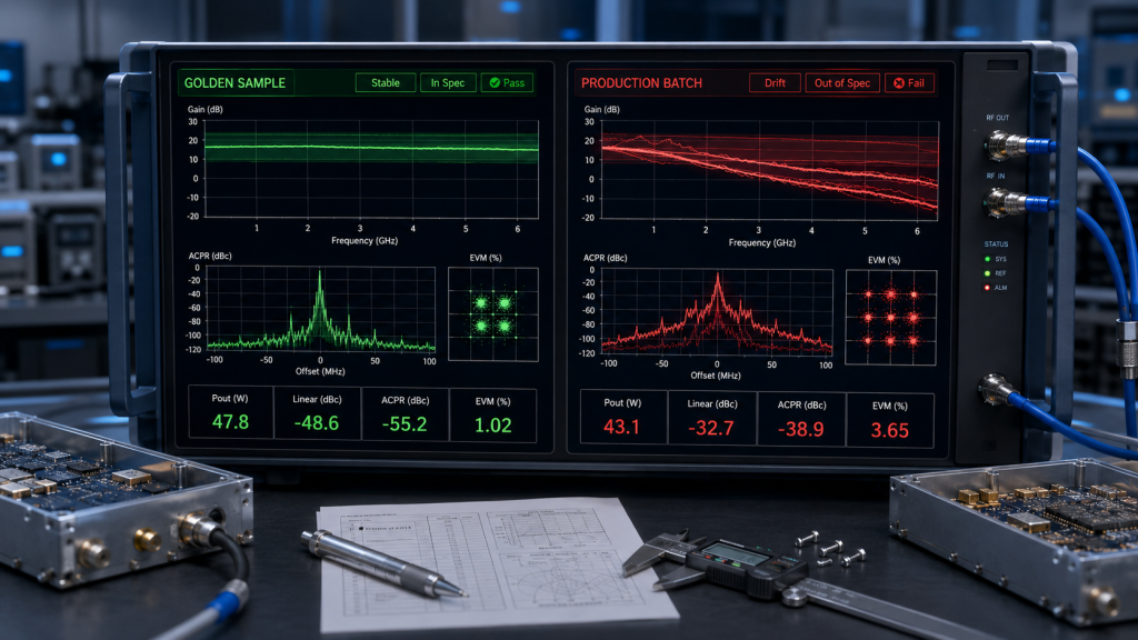 Golden Sample and production batch comparison revealing RF Power Amplifier Supplier Stability problems during retest