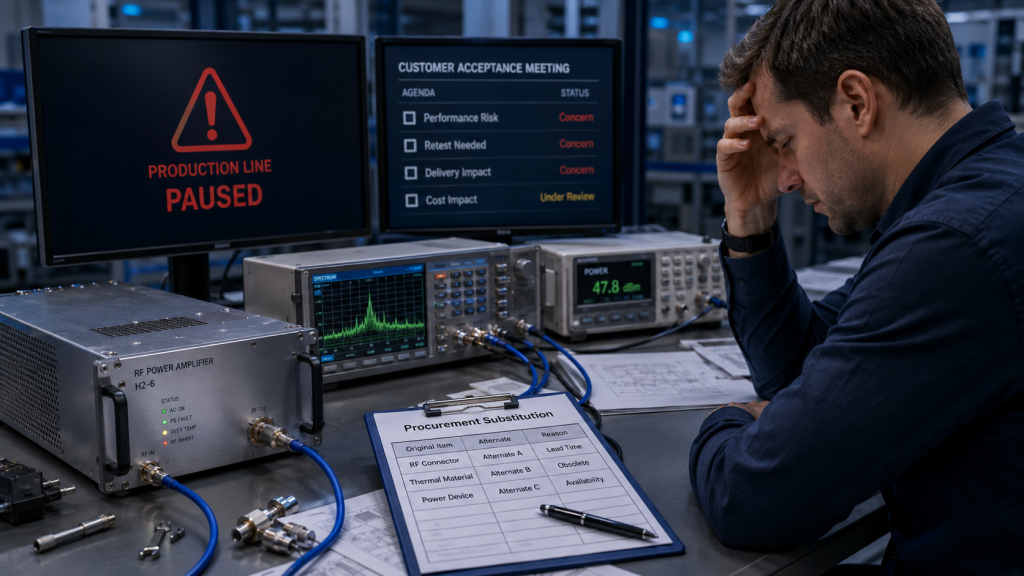 Supplier instability creating engineering pressure during RF Power Amplifier retesting, production delay, and customer acceptance