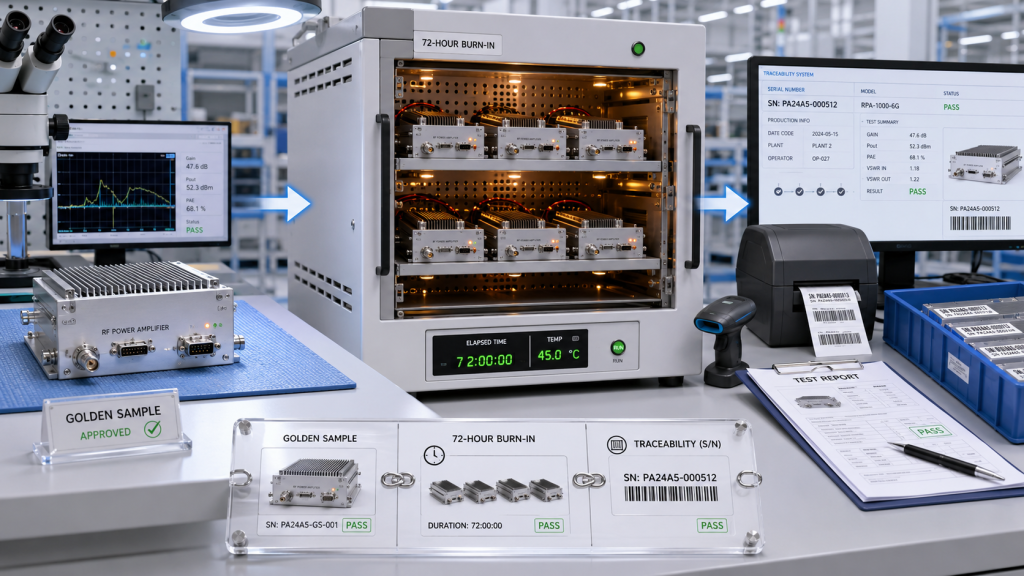 Golden Sample, 72-hour burn-in, and S/N traceability controlling RF Power Amplifier supplier risk