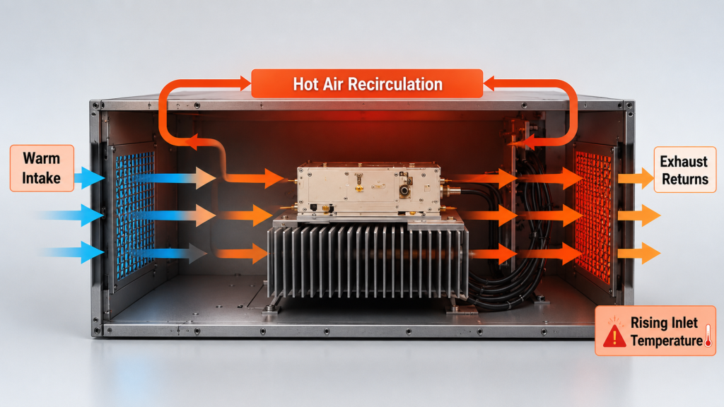 RF cabinet thermal airflow visualization with hot exhaust air recirculating into cold intake, amplifier modules and fans visible, showing heat recirculation effects.