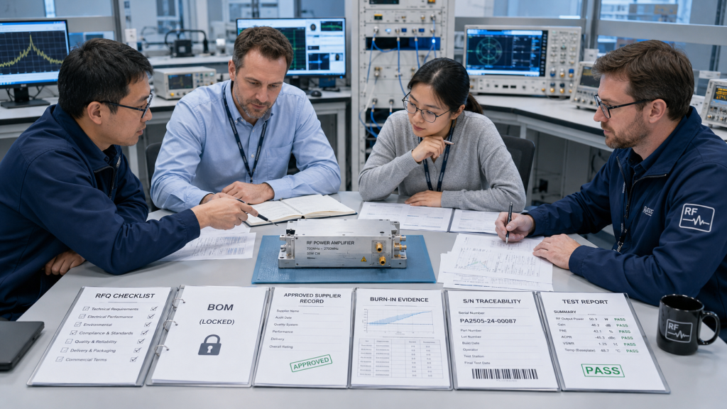 RFQ checklist for RF Power Amplifier Supplier Stability with Locked BOM, approved suppliers, burn-in evidence, and S/N traceability